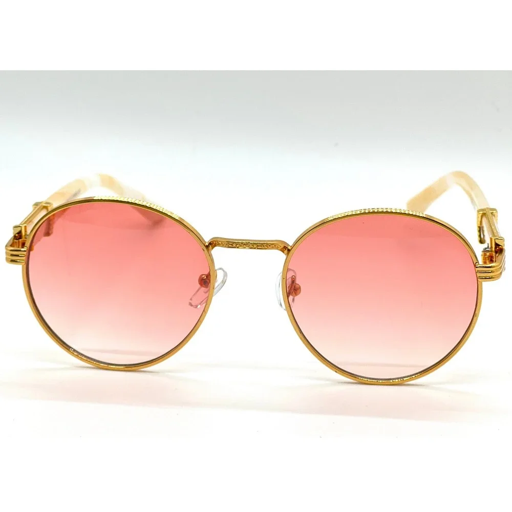 Round Sunglasses Women Gold Frame Pink Lens Fashion Shades Designer Style Lentes